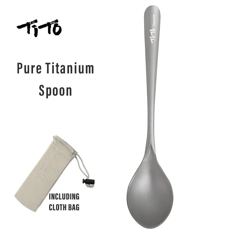 Pure Titanium Spoon with cloth bag on a white background, featuring the Tito brand.