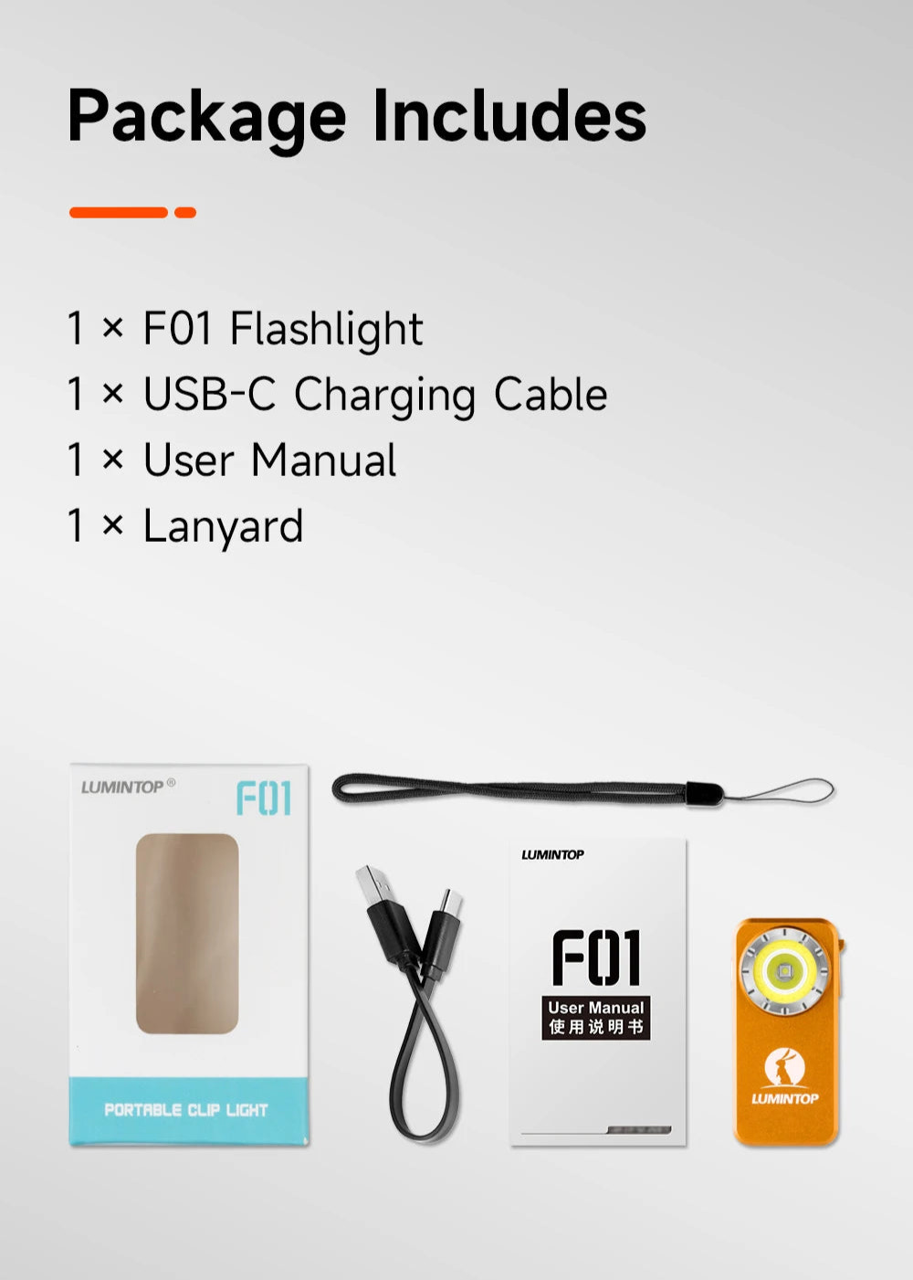 Product package with F01 flashlight, USB-C charging cable, user manual, and lanyard on a white background.