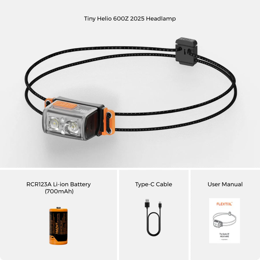 Tiny Helio 600Z 2025 Headlamp with battery, cable, and user manual on a white background