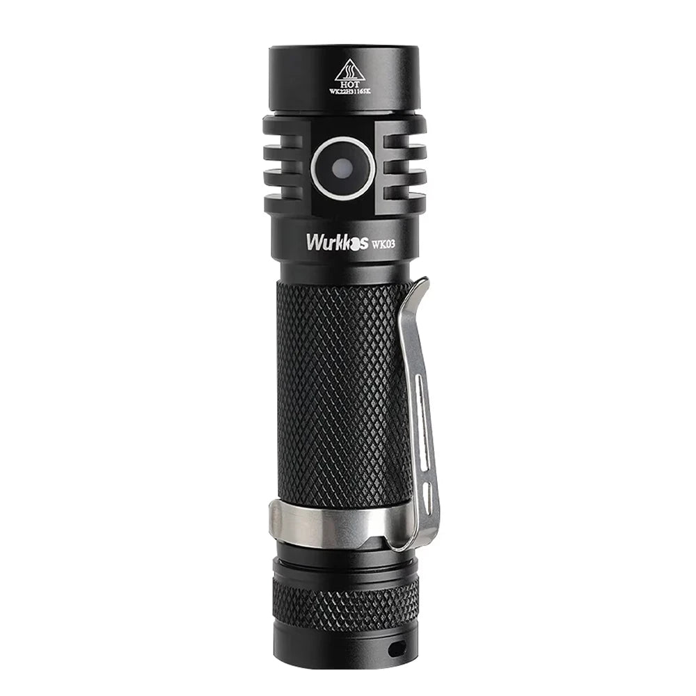 Black flashlight with Wurkkos branding on a white background