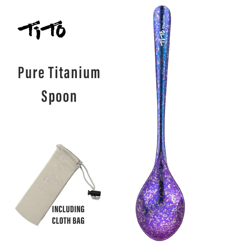 Purple titanium spoon with Tito branding on a white background