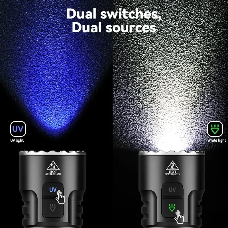 Two flashlight models with UV and white light indicators on a textured black background.