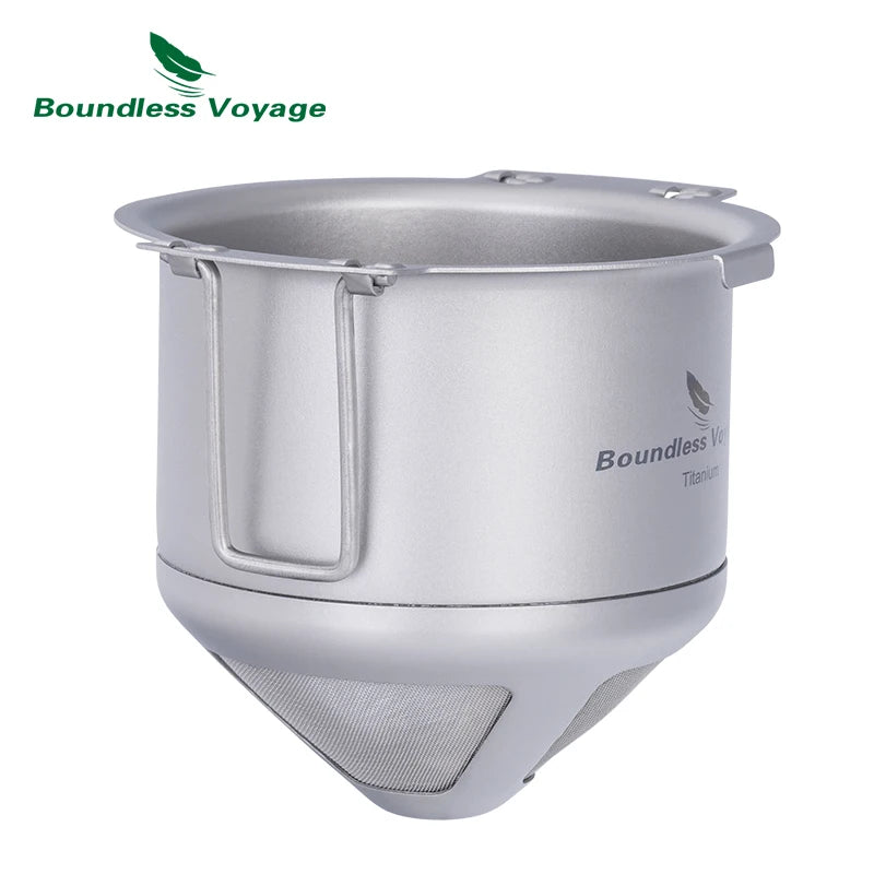 Titanium coffee filter with 'Boundless Voyage' branding on a white background