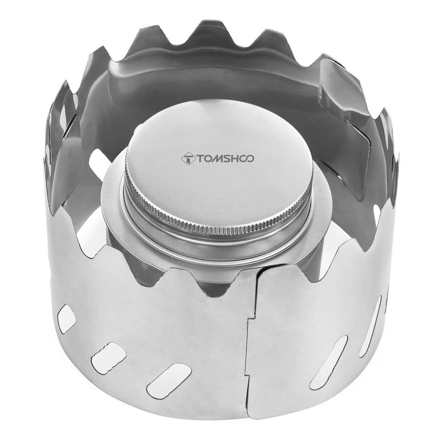 Silver portable stove with 'TOMSHOO' branding on a white background