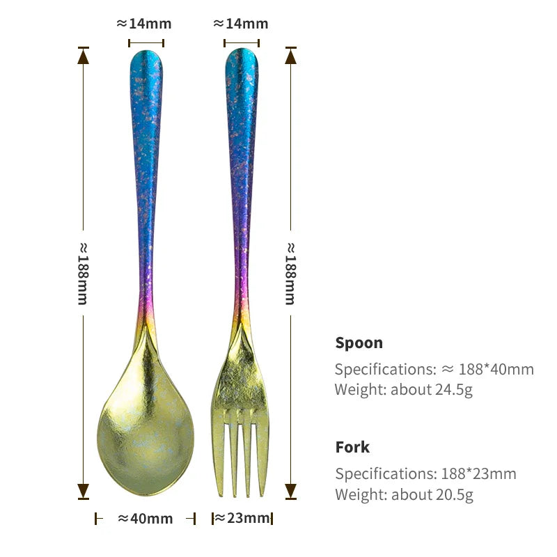 Measurement chart of a spoon and fork with dimensions and weight details on a white background