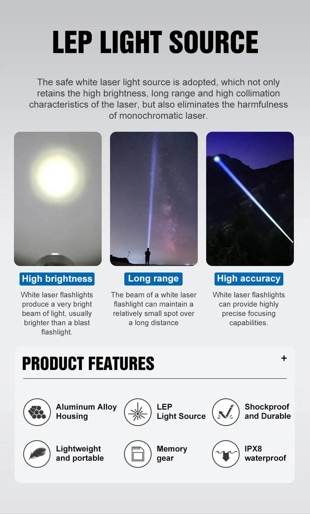 Advertisement for LEP light source with features and benefits on a white background