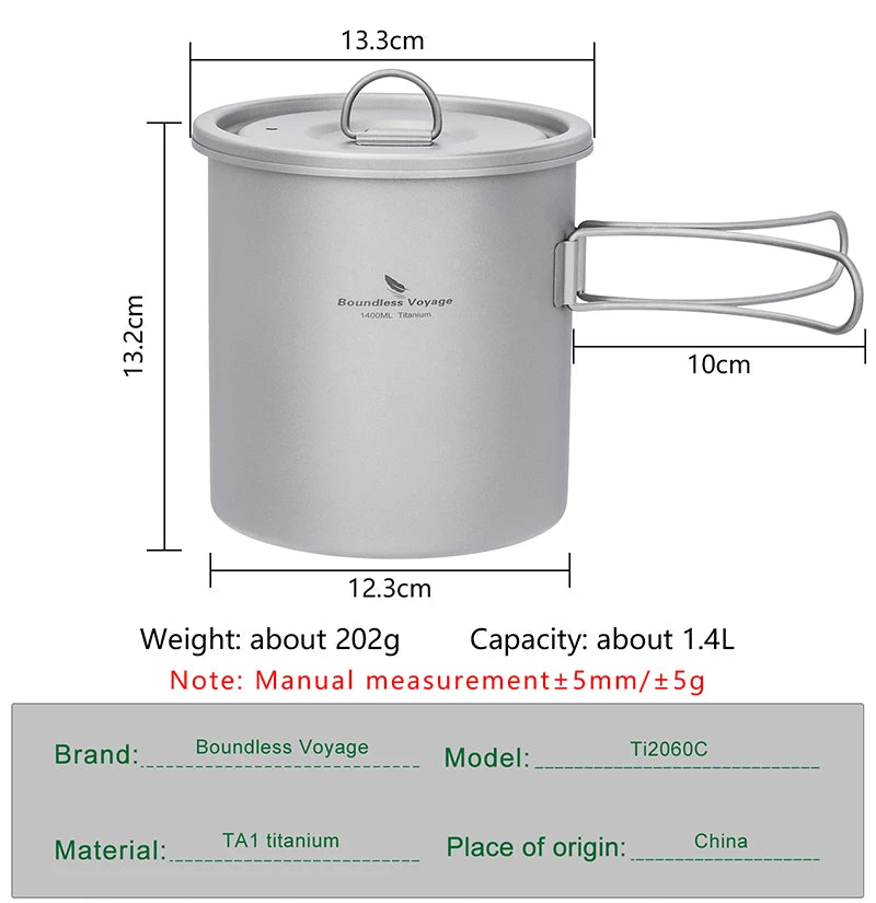 titanium camping pot with dimensions and specifications on a white background