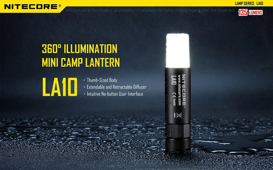 Nitecore LA10 mini camp lantern with product details on a dark background