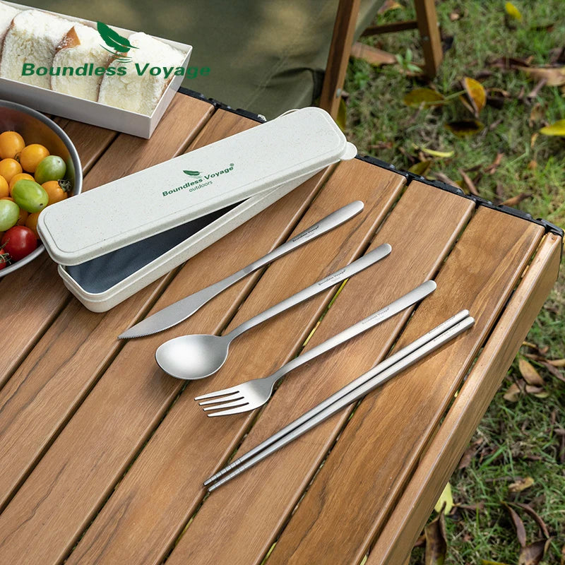 titanium cutlery set with case on a wooden table, featuring 'Boundless Voyage' brand.