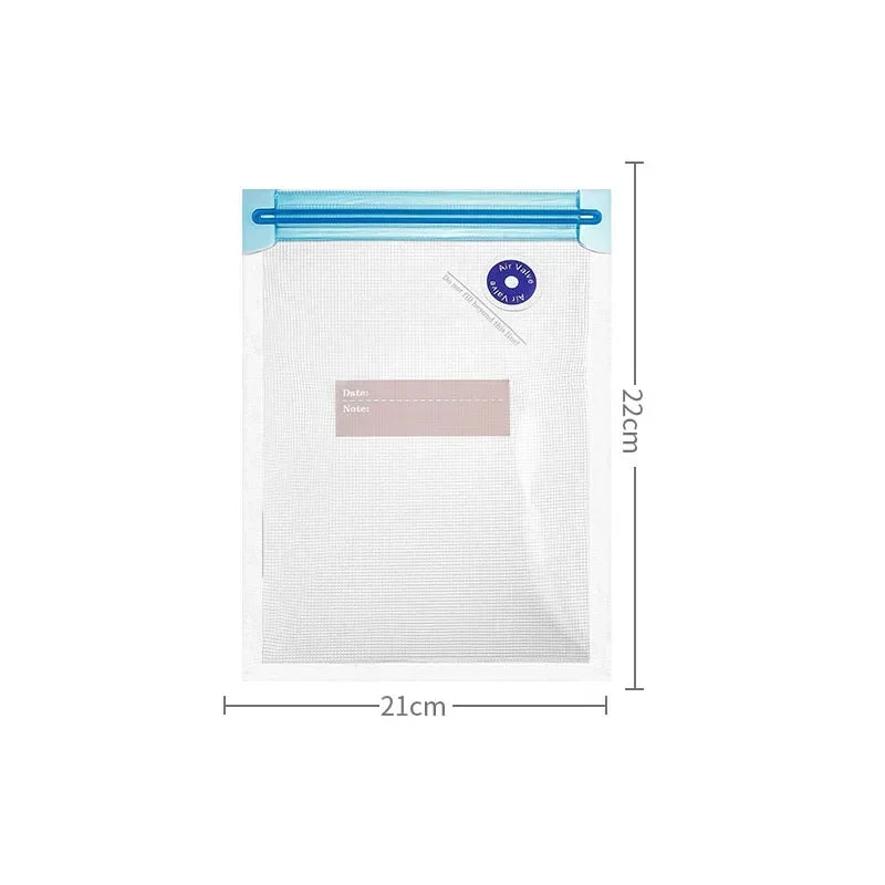 Clear bag with blue zipper and dimensions labeled on a white background