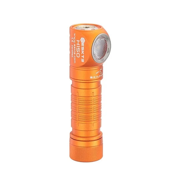 Orange flashlight with visible branding on a white background
