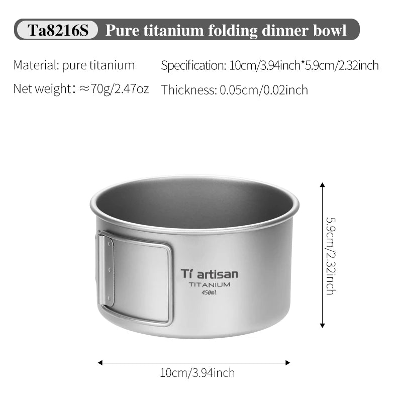 Pure titanium folding dinner bowl with dimensions and material details on a white background