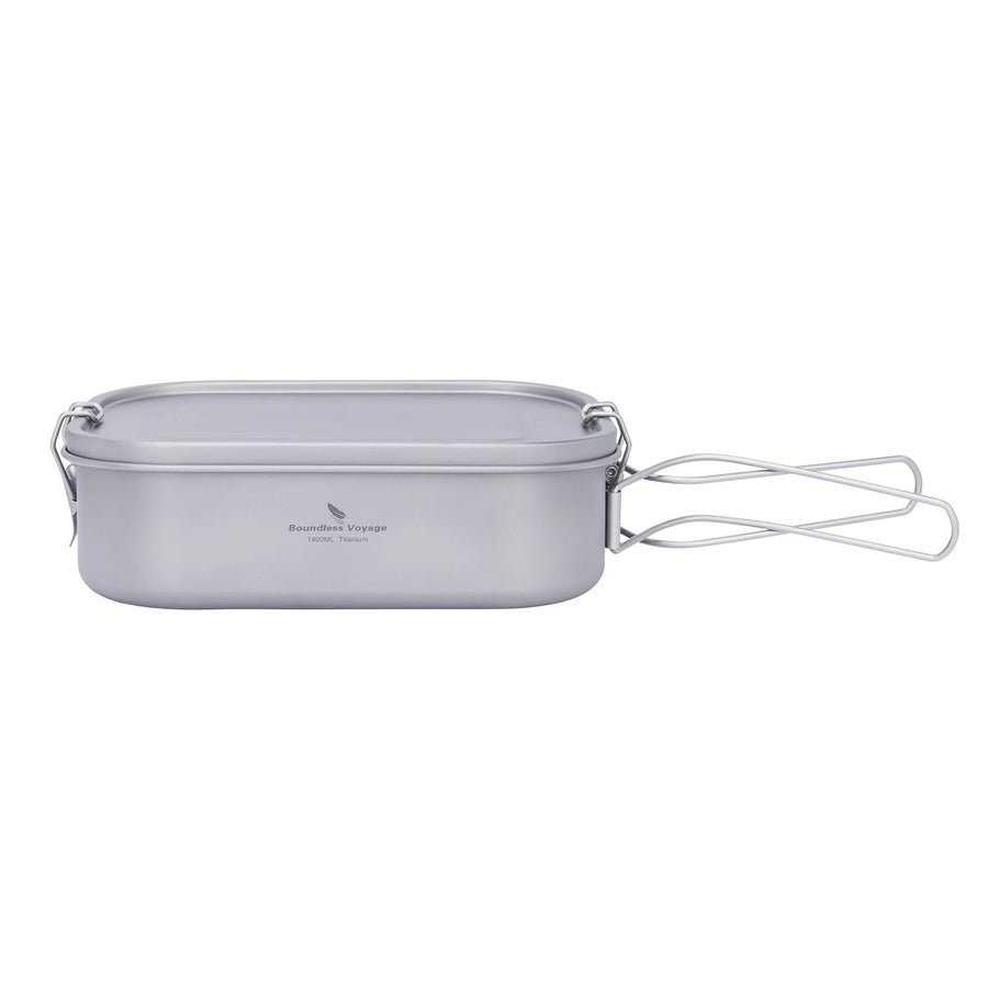 Silver rectangular metal food container with handle on a white background