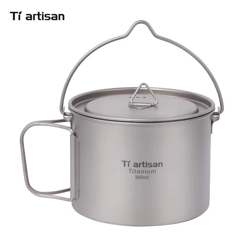titanium pot with lid and handles on a white background, featuring Tiartisan branding.