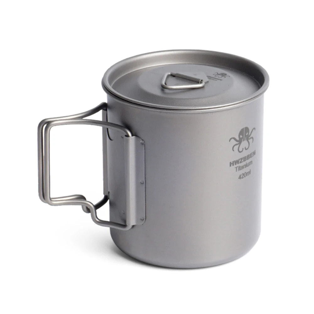 titanium camping mug with handle on a white background