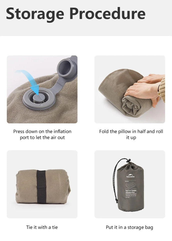 Instructions for storing a pillow with images of pressing inflation port, folding and rolling, tying with a tie, and putting in a storage bag.