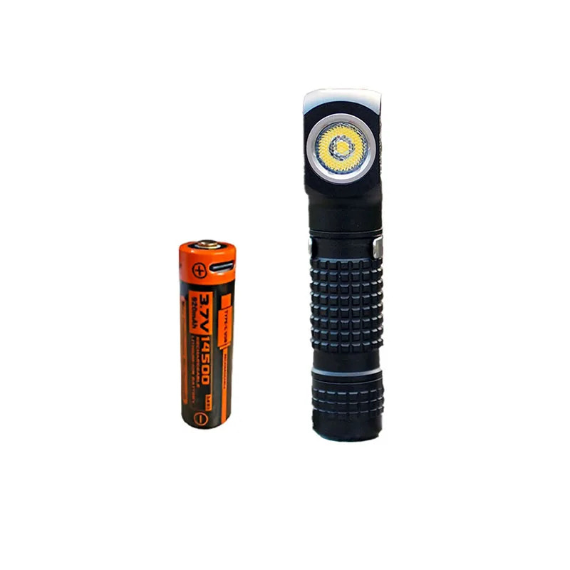 Black flashlight with orange battery on a white background