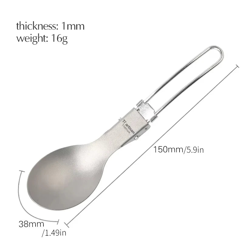 Measurement chart of a titanium spoon with dimensions and weight on a white background