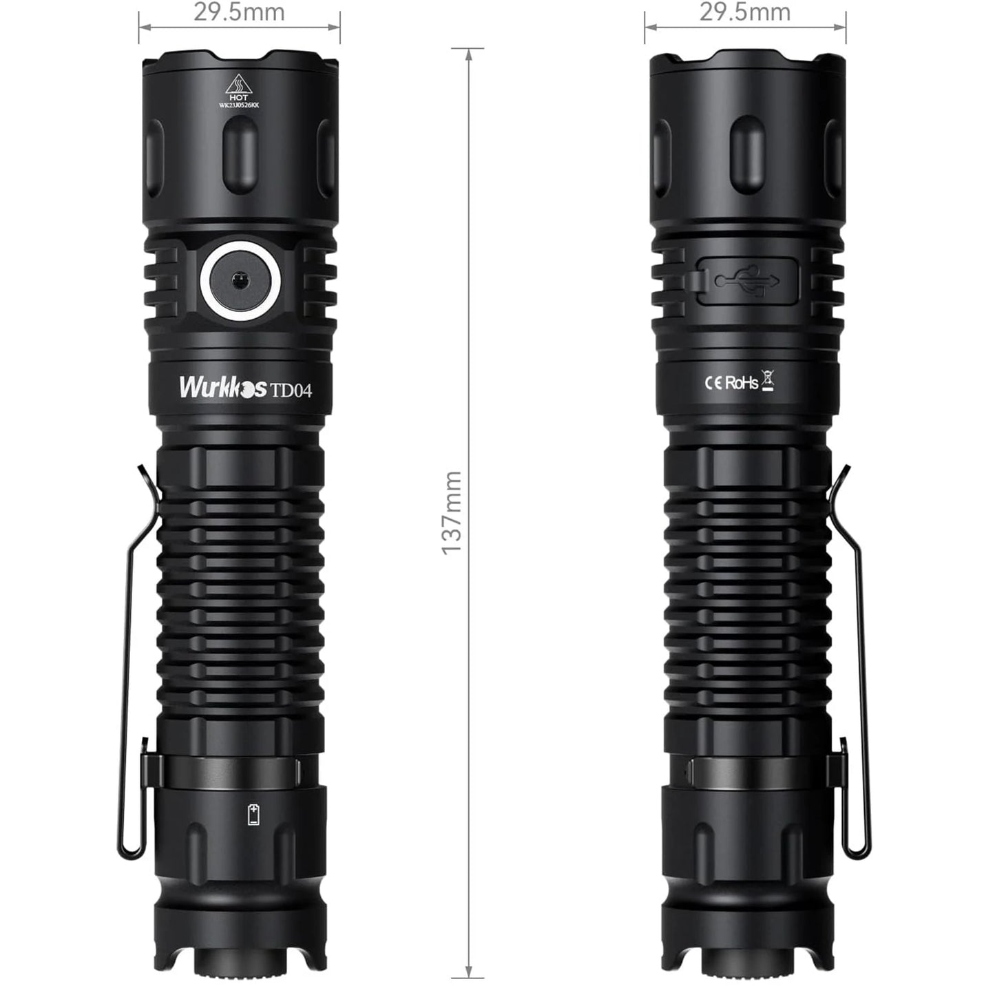 Two black flashlights with measurements on a white background