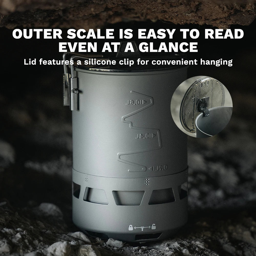 Gray camping stove with silicone clip on a dark background