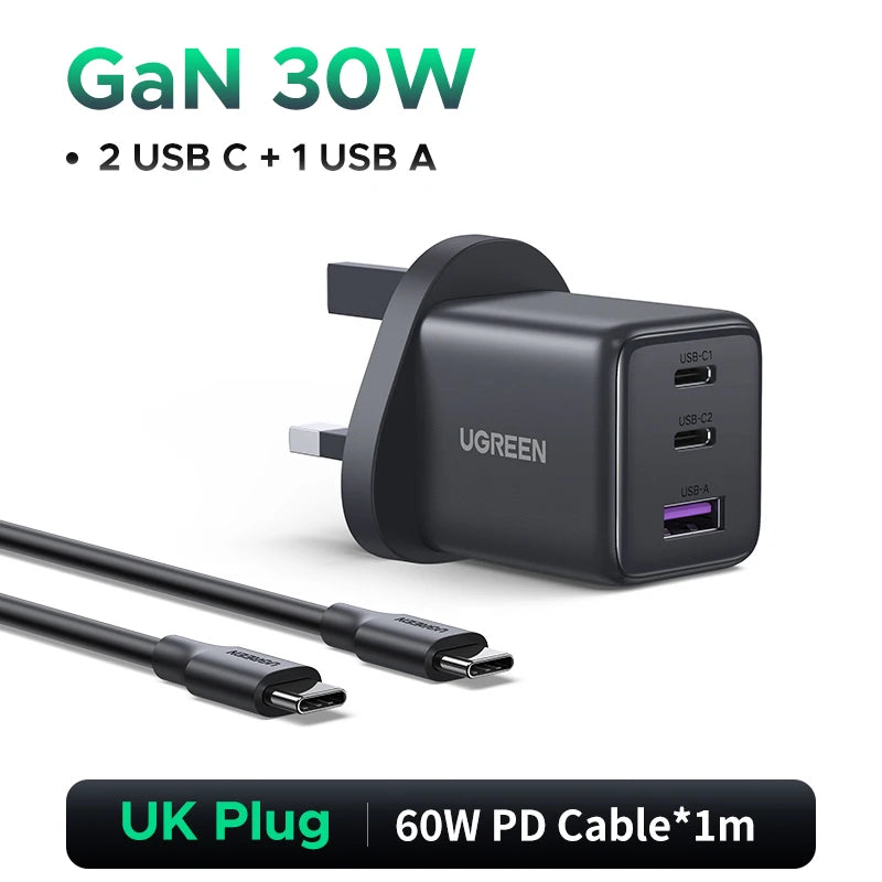 UGREEN GaN 30W power adapter with 2 USB C and 1 USB A ports on a white background.