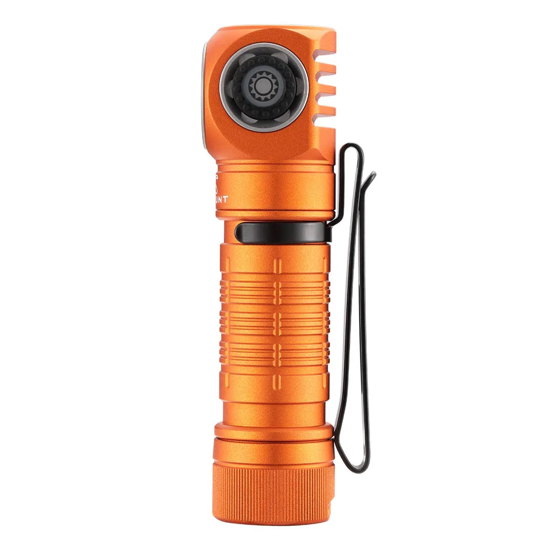 Orange flashlight with a black strap on a white background