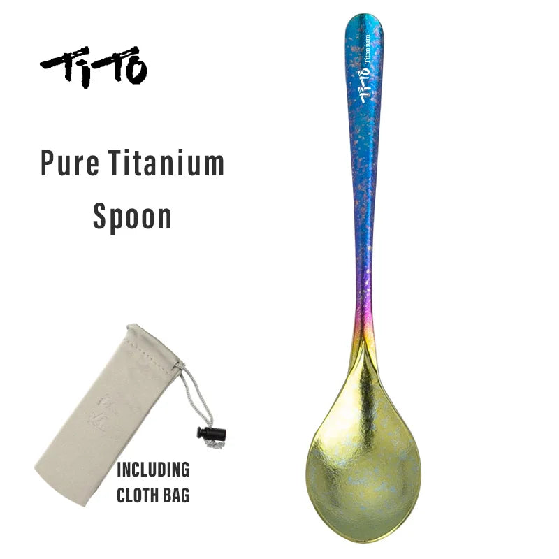 Pure Titanium Spoon with colorful handle and cloth bag on white background