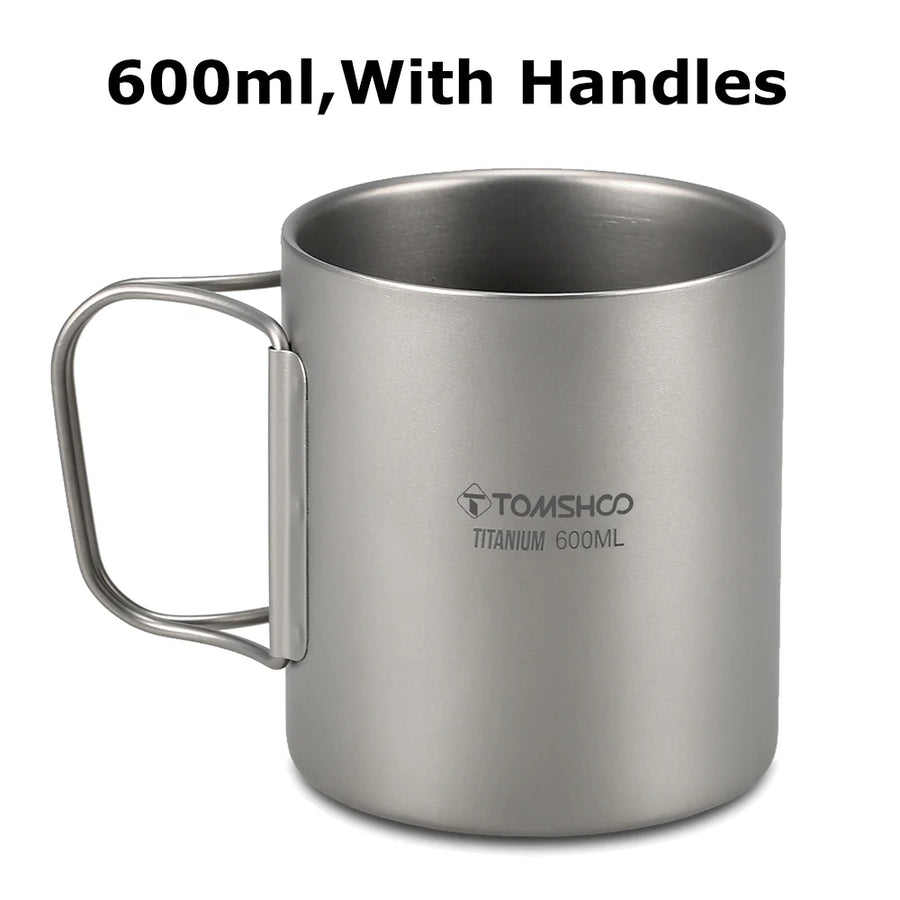 titanium mug with handles and 'TOMSHOO' branding on a white background