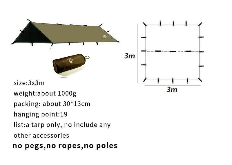 Camping tarp with dimensions, weight, and packaging details on a white background