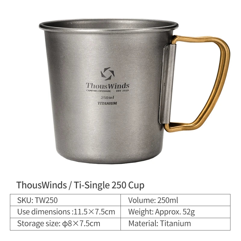 Titanium cup with gold handle on a white background, featuring ThousWinds branding.
