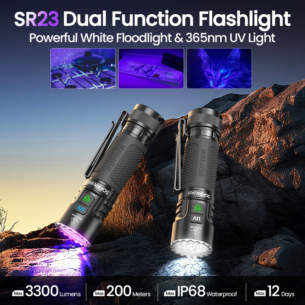 Two dual-function flashlights on a rocky surface with text highlighting features.