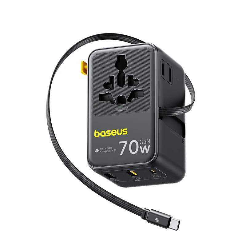 The Baseus 70W EnerCore CG11 Universal Travel Adapter in black on a white background