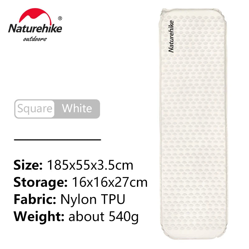White sleeping mat with Naturehike branding and product specifications on a white background