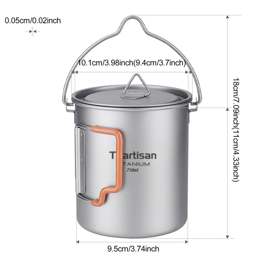 Titanium pot with measurements on a white background