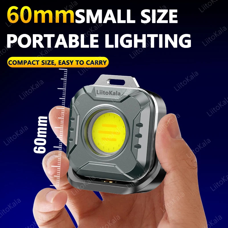 Portable lighting device with a 60mm size indicator, held by a hand against a dark blue background.