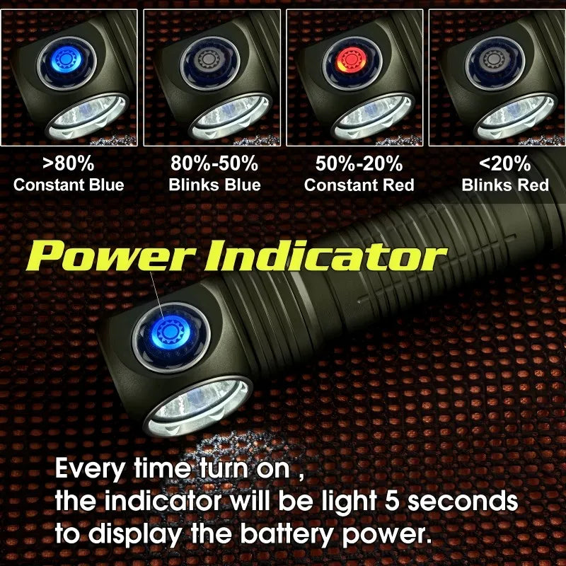 Flashlight with power indicator showing different statuses on a dark background