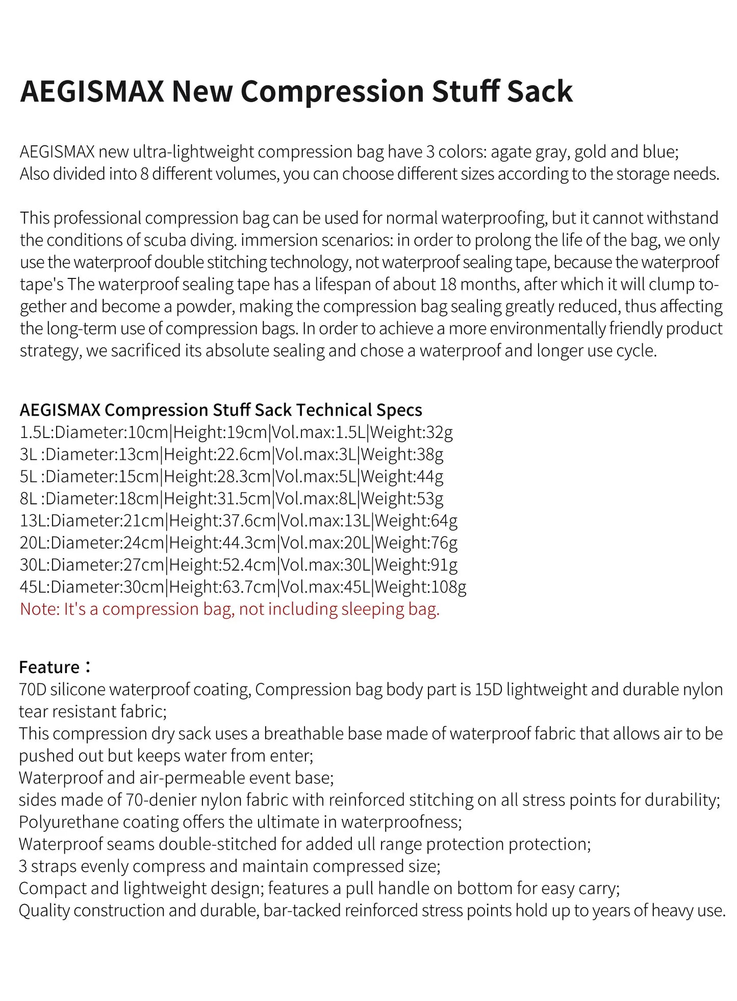 Product description of AEGISMAX New Compression Stuff Sack with specifications and features.