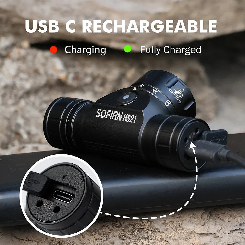 Black SOFIHN HS21 device with USB C rechargeable feature on a rocky background