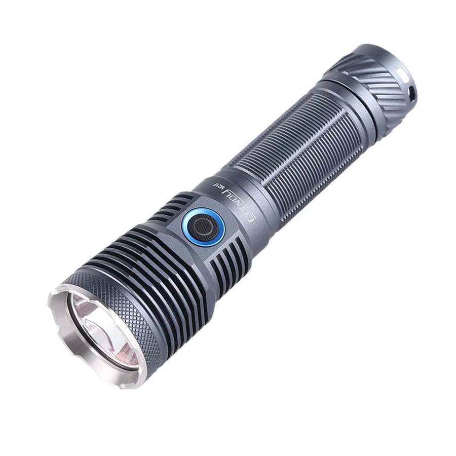 Gray flashlight with visible brand logo on a white background