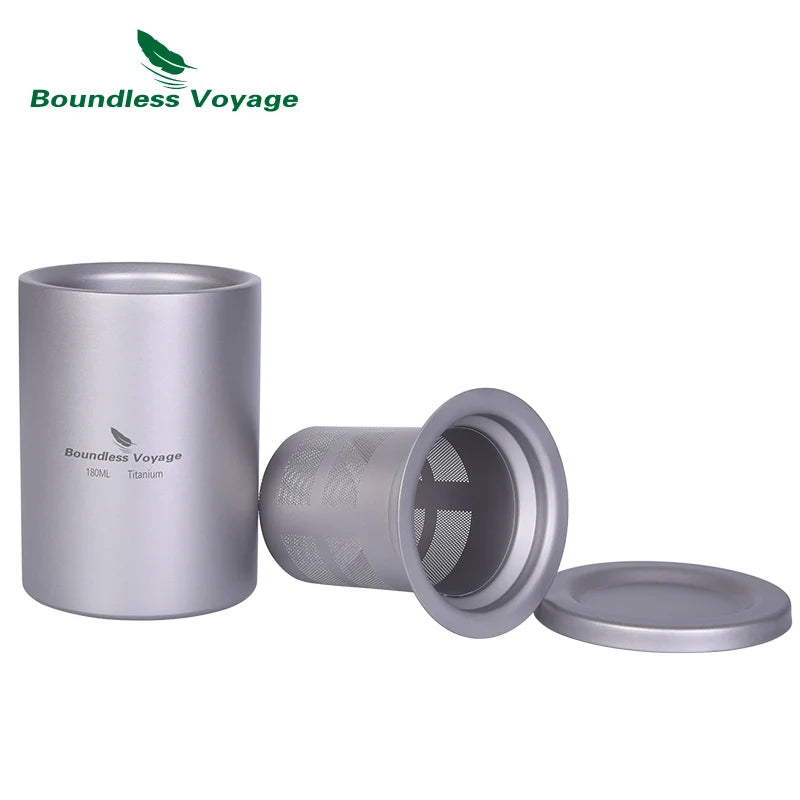 Silver titanium mug with filter and lid on a white background, featuring 'Boundless Voyage' branding.