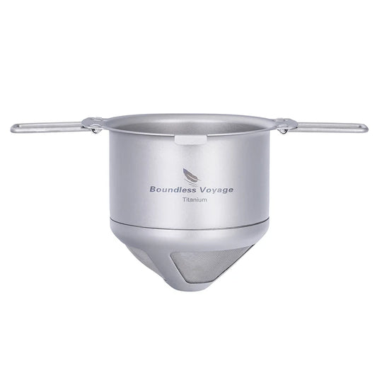 Titanium coffee filter on a white background, featuring 'Boundless Voyage' branding.