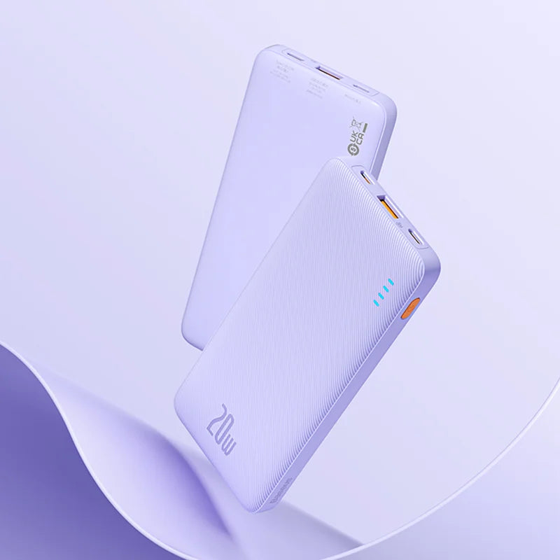 Two white power banks with visible branding on a light purple background