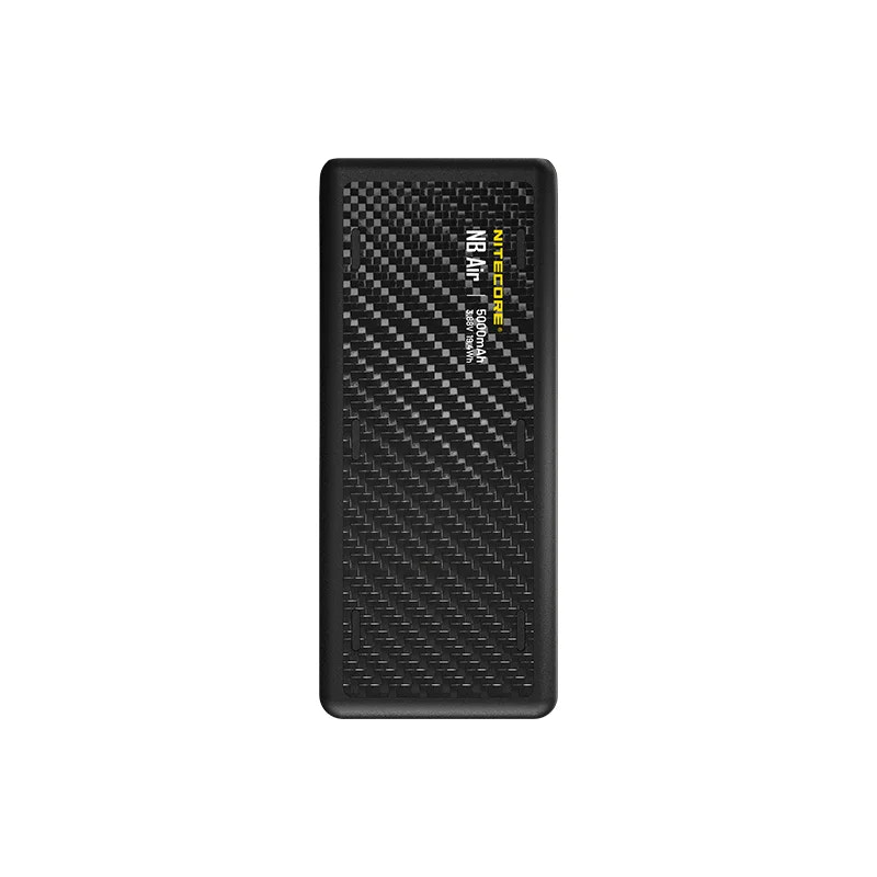 Black power bank with carbon fiber texture on a white background