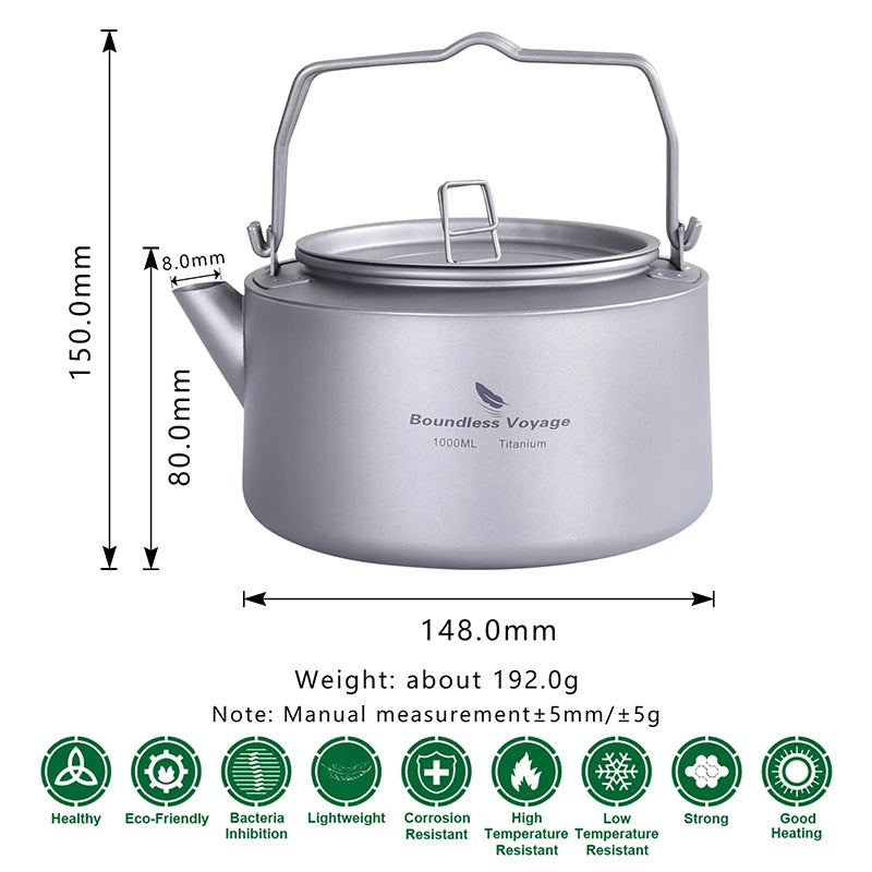 Camping kettle with dimensions and weight information on a white background