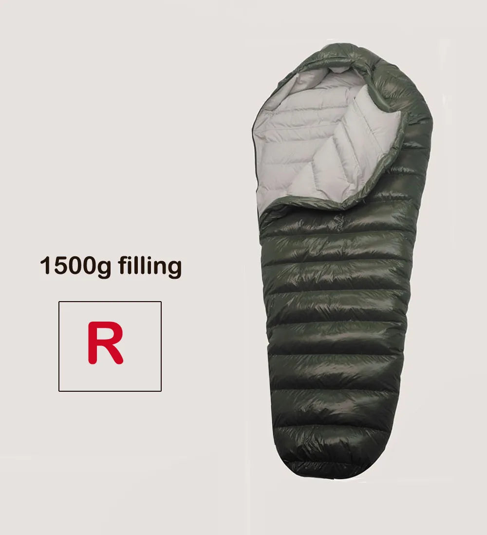 Green sleeping bag with 1500g filling label on a gray background