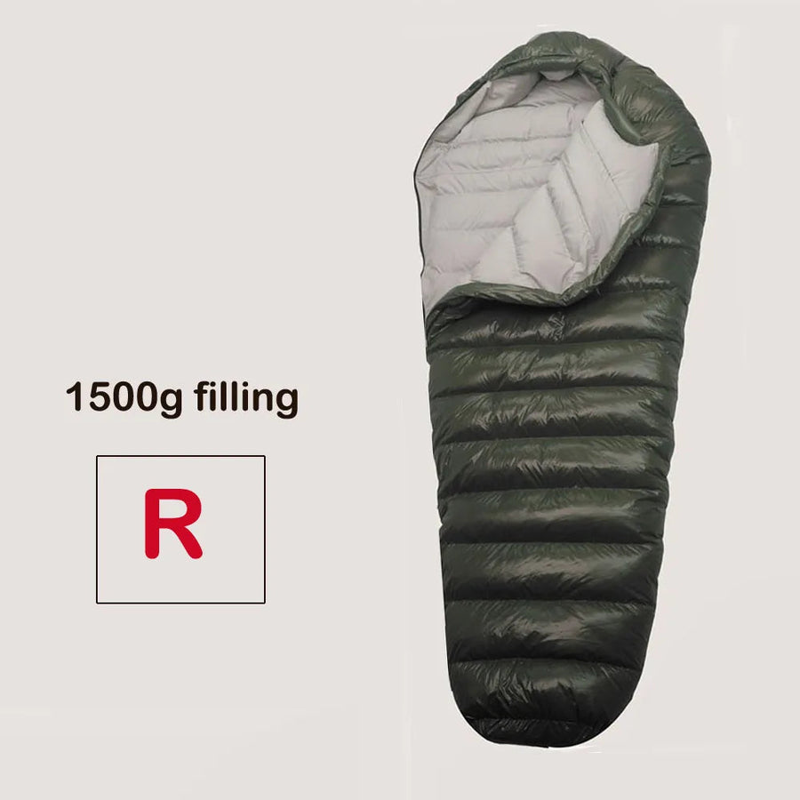 Green sleeping bag with 1500g filling label on a gray background