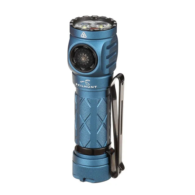 Blue flashlight with a brand logo on a white background