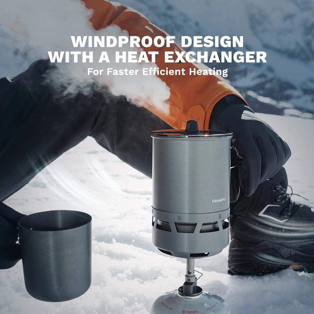 Person using a windproof design with heat exchanger in snowy conditions