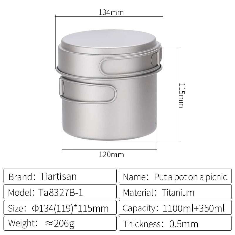 Titanium pot with dimensions and specifications on a white background