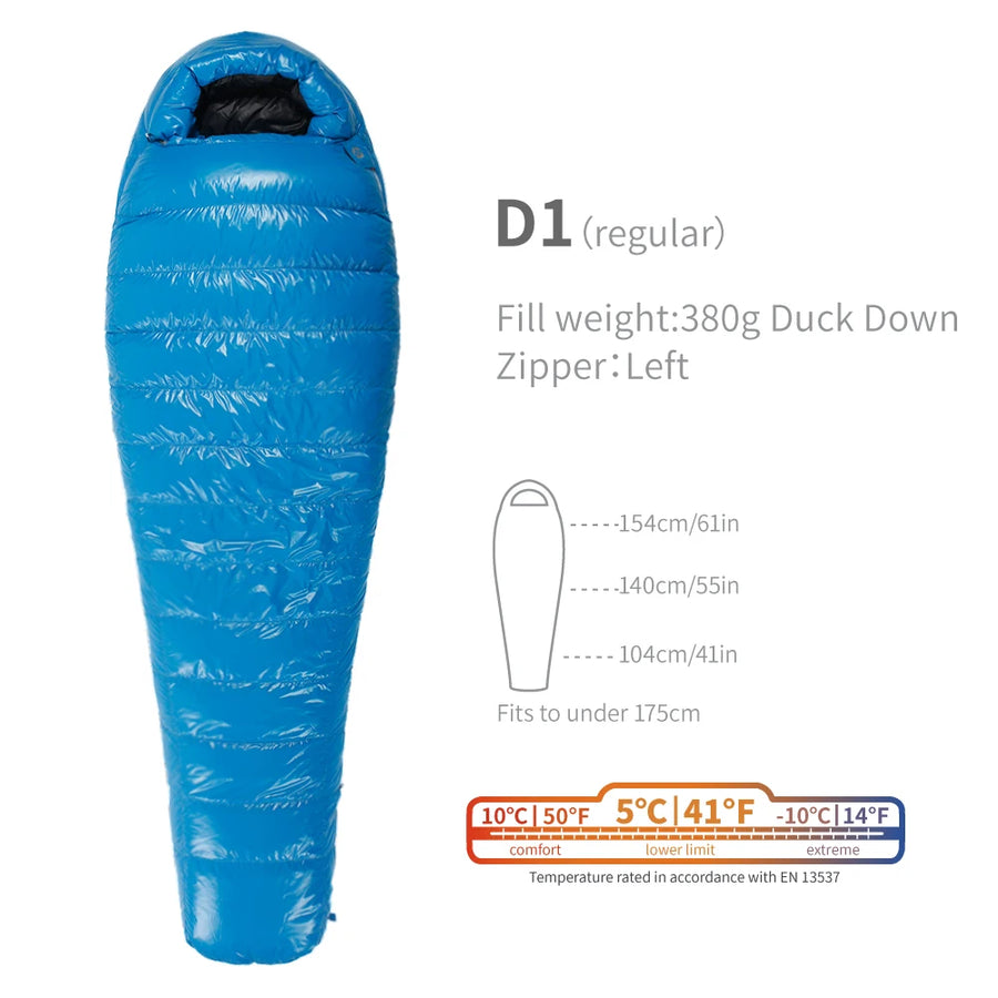 Blue sleeping bag with specifications on a white background